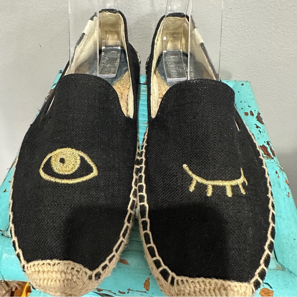 Soludos Jason Polan Gold Embroidered Wink Espadrille Black Size 8 - Picture 4 of 14